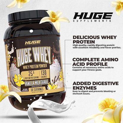 Huge Whey, Protein Powder for Muscle Gain, 25g Protein, 12g EAAs, Supports Muscle Growth, Performance & Recovery (Vanilla Milkshake, 30 Servings)