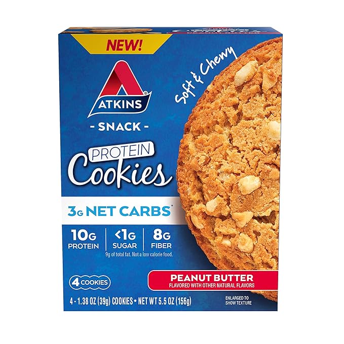 Atkins Soft Baked Energy Bars, Blueberry, 15g Protein,2g Sugar, Excellent Source & Peanut Butter Protein Cookie, Protein Dessert, Rich in Fiber, 3g Net Carb, 1g Sugar