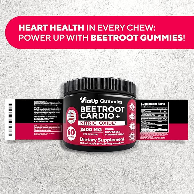 Beet Root Gummies - Cardio Beet Gummies 2600mg - Nitric Oxide Gummies with Beet Root, Grape Seed Extract, Coq10, Vitamin C & B12 - Beet Chews for Normal Blood Pressure & Heart Health – 60 Count