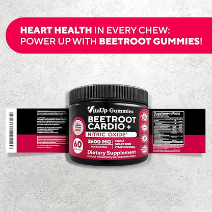 Beet Root Gummies - Cardio Beet Gummies 2600mg - Nitric Oxide Gummies with Beet Root, Grape Seed Extract, Coq10, Vitamin C & B12 - Beet Chews for Normal Blood Pressure & Heart Health – 60 Count