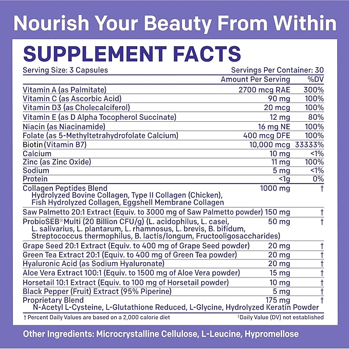 27-in-1 Hair Skin and Nails Vitamins (6810mg) w/Biotin 10000mcg - Biotin and Collagen Supplements for Men and Women - Hair Growth Vitamins, Keratin Supplements with Probiotics and Saw Palmetto, 90ct