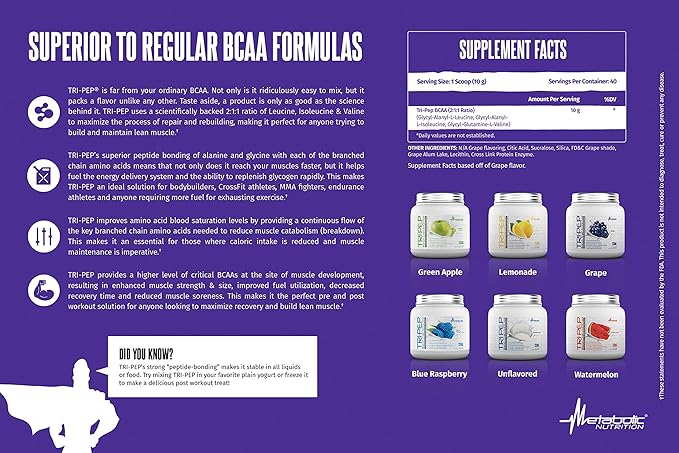Metabolic Nutrition | TRIPEP - Tri-Peptide Branch Chain Amino Acid, BCAA Powder, Pre Intra Post Workout Supplement | Watermelon, 400 Grams (40 Servings)