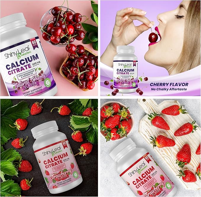 Shiny Leaf Bariatric Calcium Citrate 600mg - Supplement for Bariatric Surgery Patients, 2 x 60 Ct Chewable Calcium Tablets with Magnesium, Vitamin D3, Vegetarian - Cherry & Strawberry Flavors