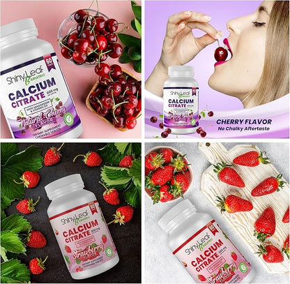 Shiny Leaf Bariatric Calcium Citrate 600mg - Supplement for Bariatric Surgery Patients, 2 x 60 Ct Chewable Calcium Tablets with Magnesium, Vitamin D3, Vegetarian - Cherry & Strawberry Flavors