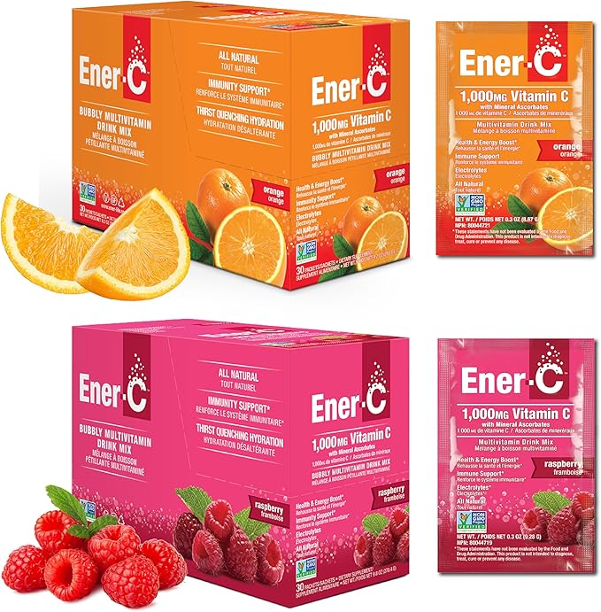 Ener-C Orange & Raspberry Multivitamin Drink Mix Powder Vitamin C 1000mg & Electrolytes with Real Fruit Juice Natural Energy & Immune Support for Women & Men - Non-GMO Vegan & Gluten Free - 60 Count