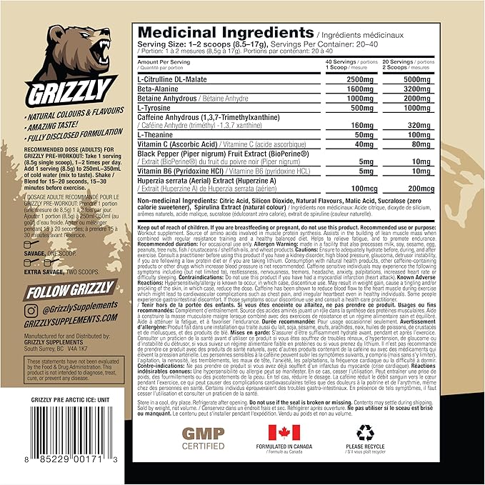 Grizzly Pre Workout Powder for Men & Women - Essential Aminos L-Citrulline & Beta Alanine Plus Caffeine - Preworkout Energy Drink Mix for Intense Power Focus & Pump - Arctic Ice - 40 Servings