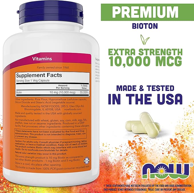NOW Foods Extra Strength Biotin 10000mcg / 10 mg - 200 Count - Hair, Skin, Nail - Supplement for Men and Women - B7 Vitamin - Vegetarian, Vegan, Non-GMO