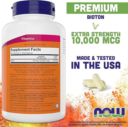 NOW Foods Extra Strength Biotin 10000mcg / 10 mg - 200 Count - Hair, Skin, Nail - Supplement for Men and Women - B7 Vitamin - Vegetarian, Vegan, Non-GMO