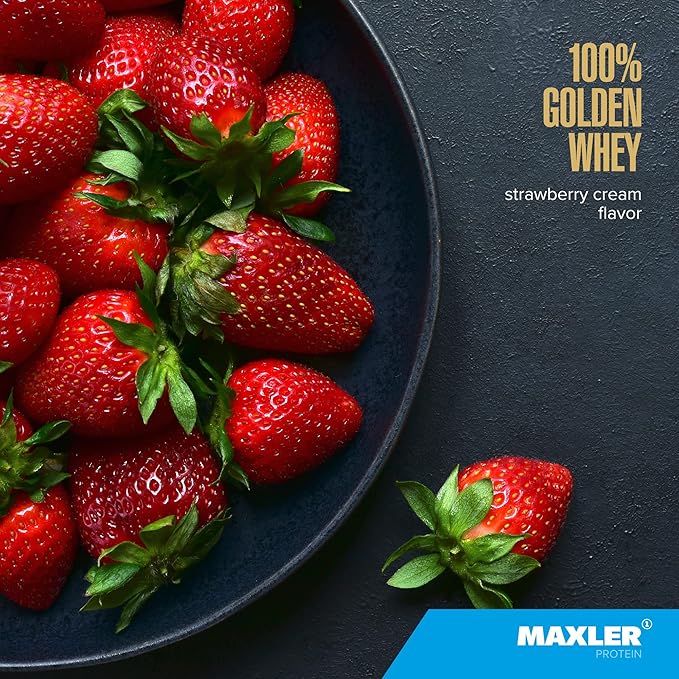 Maxler 100% Golden Whey Protein - 23g of Premium Whey Protein Powder per Serving - Pre, Post & Intra Workout - Fast-Absorbing Whey Hydrolysate, Isolate & Concentrate Blend - Strawberry Cream 2 lbs