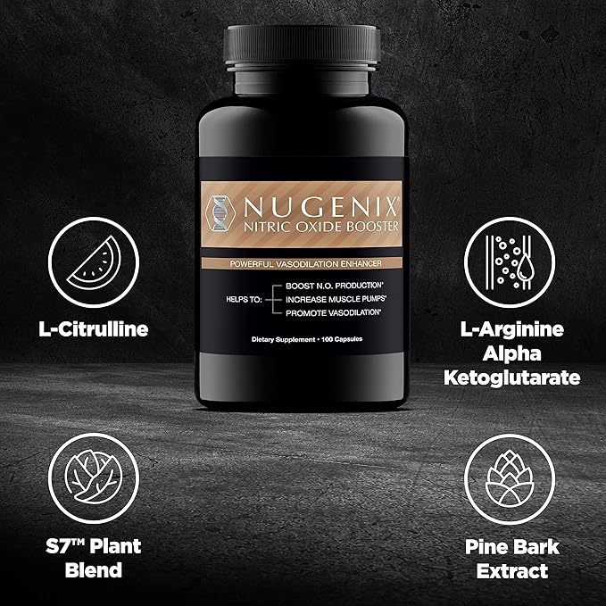 Nugenix Nitric Oxide Booster Supplement - Nitric Oxide Flow, L-Arginine, L-Citrulline, Pine Bark Extract - Vasodilator - 100 Capsules