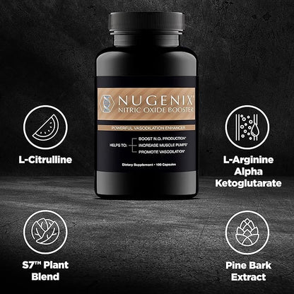 Nugenix Nitric Oxide Booster Supplement - Nitric Oxide Flow, L-Arginine, L-Citrulline, Pine Bark Extract - Vasodilator - 100 Capsules