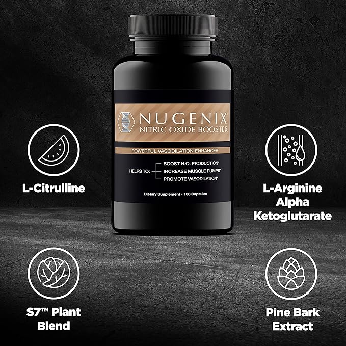 Nugenix Nitric Oxide Booster Supplement - Nitric Oxide Flow, L-Arginine, L-Citrulline, Pine Bark Extract - Vasodilator - 100 Capsules