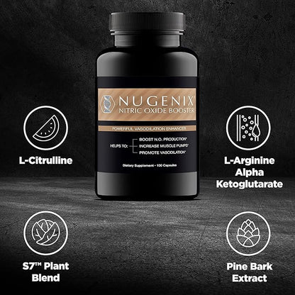 Nugenix Nitric Oxide Booster Supplement - Nitric Oxide Flow, L-Arginine, L-Citrulline, Pine Bark Extract - Vasodilator - 100 Capsules