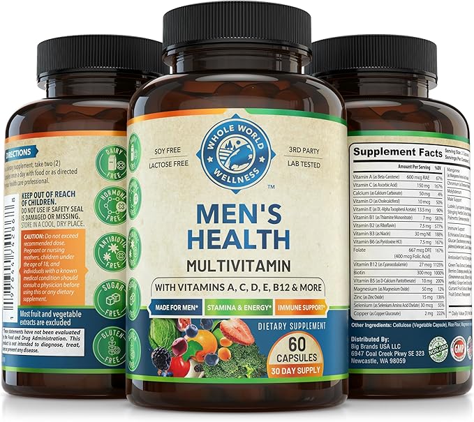 Mens Daily Multivitamin Multimineral Supplement for Energy, Focus, Stamina & Performance. Made for Men with 30+ Nutrients, Fruit & Energy Blend. Mens Vitamins USA Made 60 Capsules