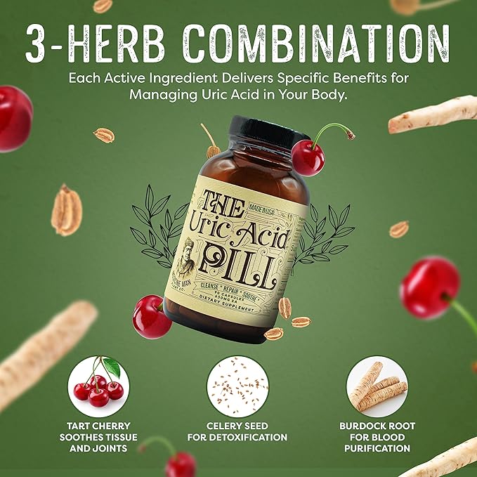 The Uric Acid Pill 90 Capsules - Uric Acid Supplement with Tart Cherry Extract, Celery Seeds, and Burdock Root - Uric Acid Support Supplement containing Non-GMO and Herbal Ingredients