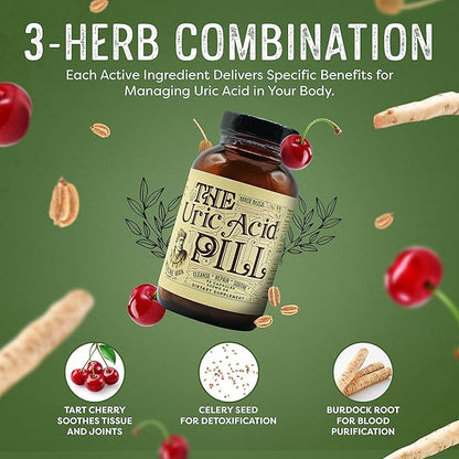 The Uric Acid Pill 90 Capsules - Uric Acid Supplement with Tart Cherry Extract, Celery Seeds, and Burdock Root - Uric Acid Support Supplement containing Non-GMO and Herbal Ingredients