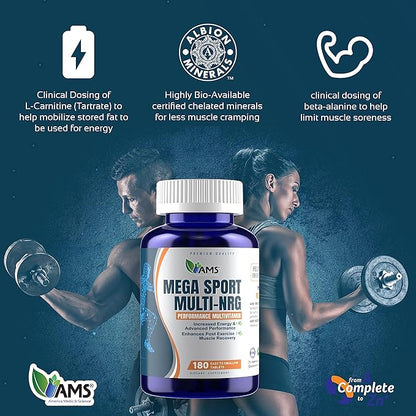 America Medic and Science Mega-Sport - Performance Multivitamin - Complete Wellness Support with Amino Acids, Vitamins, Minerals, Beta Alanine, & L-Carnitine L-Tartrate - Energy and Muscle Recovery