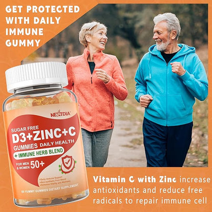 Sugar Free Vitamin C + D3 + Zinc Gummies for Adults 50 +, 9 in 1 Immune Defense Supplement with D3 5000IU, Elderberry, Echinacea, Mullein Leaf for Boost Immunity, Power Antioxidant, Vegan (Pack of 1)