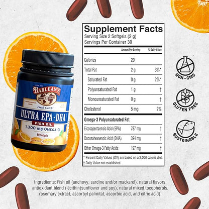 Barlean's Fish Oil Omega 3 Supplement, High Potency Ultra EPA DHA Fatty Acid Softgels for Joint, Brain, & Heart Health, 1000mg Orange Flavored Fish Oil Pills, 60 Count