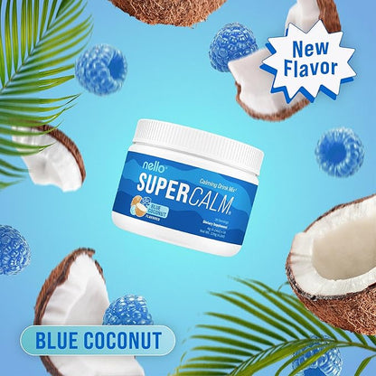 Nello Supercalm Powdered Drink Mix, Blue Coconut, L Theanine, Ksm-66 Ashwagandha, Magnesium Glycinate, Vitamin D 3, Supplements for Relaxation & Focus, No Sugar, Non GMO, Vegan, On The Go, 30 Srvgs
