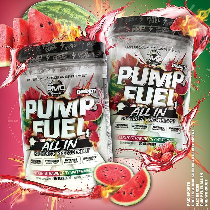 PMD Sports Pump Fuel All in Insanity - Ultimate Muscle Pump Supplement & Pre Workout Powder - Maximum Energy and Focus with Premium Creatine, Beta Alanine & More - Strawberry Watermelon (20 Servings)