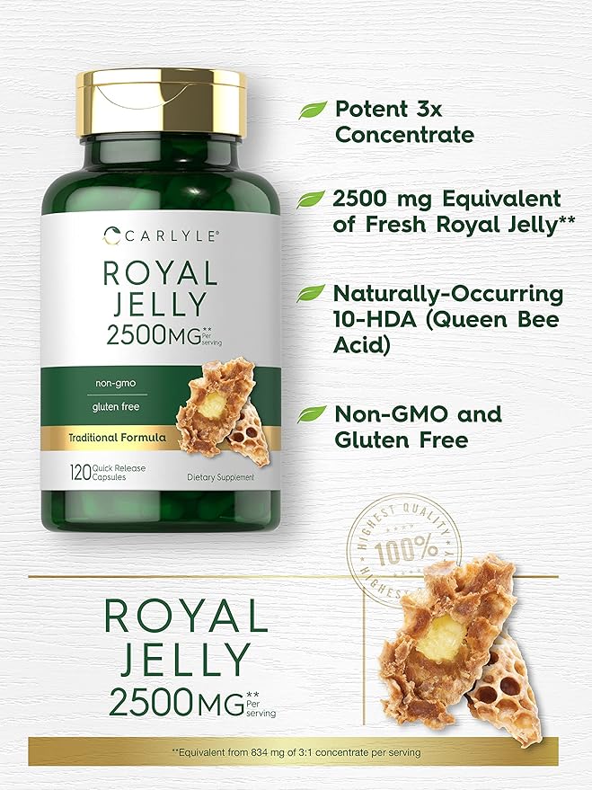 Carlyle Royal Jelly Capsule | 2500mg | 120 Count | Non-GMO and Gluten Free Formula | Traditional Supplement