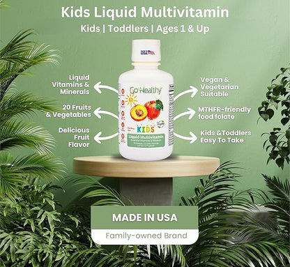 Go Healthy Kids Liquid Multivitamin - Vegan Vitamin Supplement Supports Children's Growth, Development & Immune Function, Ages 1 & Up, Delicious Fruit Flavor - 32 Servings