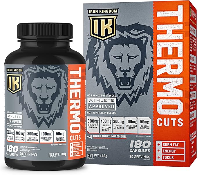 Iron Kingdom Thermo Cuts Thermogenic Burner - Metabolism Booster for Intense Energy Focus & Burn - L-Carnitine & Caffeine Pre Workout Supplement for Men & Women - 180 Capsules