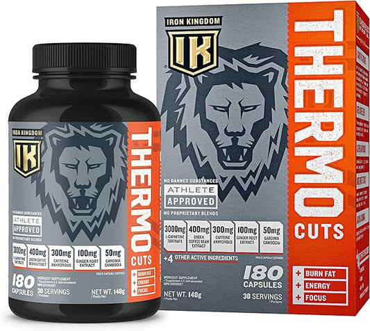 Iron Kingdom Thermo Cuts Thermogenic Burner - Metabolism Booster for Intense Energy Focus & Burn - L-Carnitine & Caffeine Pre Workout Supplement for Men & Women - 180 Capsules