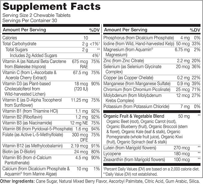 NATURELO Chewable Vitamin for Kids – Multivitamin with Whole Food Organic Fruit Blend - 60 Tablets for Children