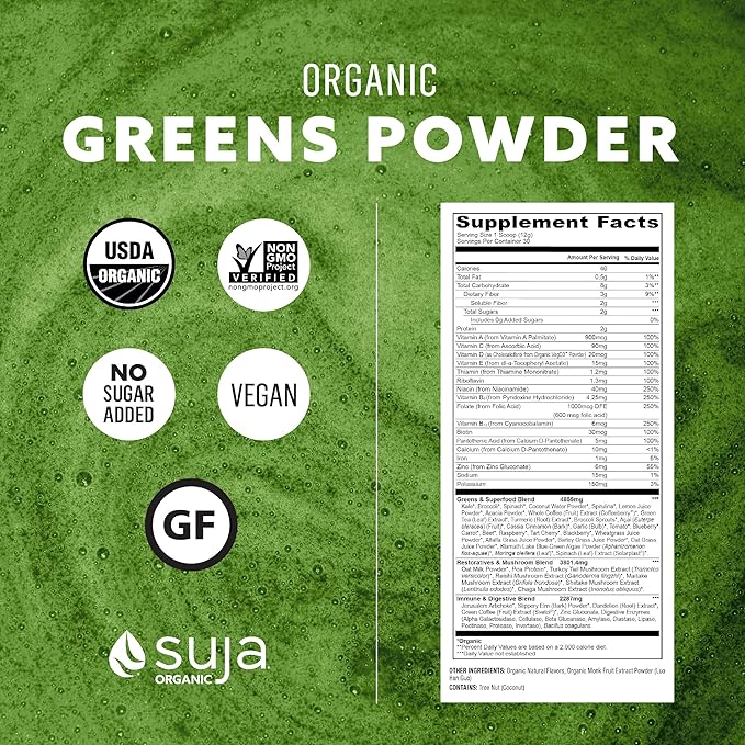Suja Organic Greens Powder Probiotic Blend, Spirulina, Daily Superfood Drink or Smoothie Mix for Immune Support, Digestion, & Energy, Vegan, Gluten Free, Non GMO, 30 Servings