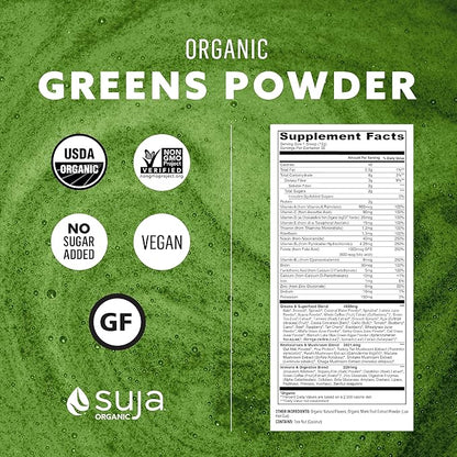 Suja Organic Greens Powder Probiotic Blend, Spirulina, Daily Superfood Drink or Smoothie Mix for Immune Support, Digestion, & Energy, Vegan, Gluten Free, Non GMO, 30 Servings