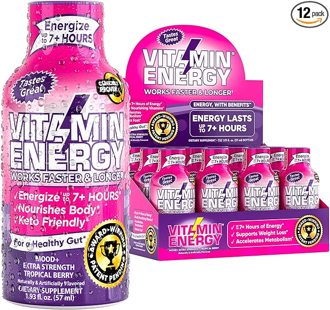 Mood Support Vitamin Energy Drink - Sugar Free, Keto/Vegan Friendly Shots | Mood Balancing with Rhodiola and Chamomile | Energize up to 7+ Hours | Tropical Berry - 1.93 Fl Oz - Pack Of 12