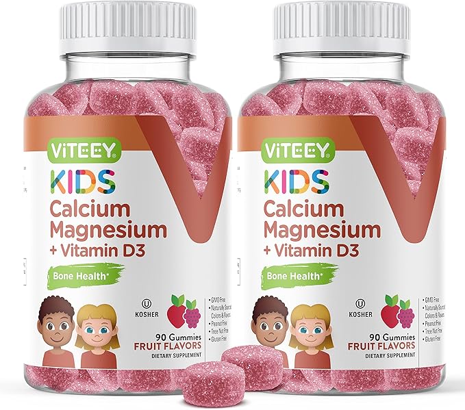 Kids Calcium Gummies + Vitamin D3 & Magnesium Citrate for Kids and Teens - Supports Bone Health, Immune Support, Energy & Muscle Function - Gluten Free, GMO Free - Tasty Chewable Fruit Flavored Gummy