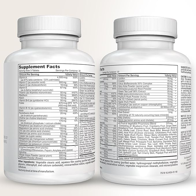 Fruit and Veggies Supplement - Multi Vitamins for Adults w/ Vitamins A, B Complex, D, E, Zinc, Biotin, Calcium - Fruit Vegetable Supplements for Energy & Immunity Support - Vitamins Supplements