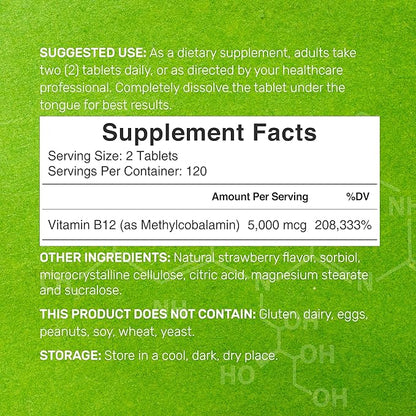 DEAL SUPPLEMENT Methyl B-12 Vitamins 5000 mcg, 240 Chewable Tablets | Active Form - Strawberry Flavored - Energy Support & Brain Health Function - Vegetarian & GMO Free