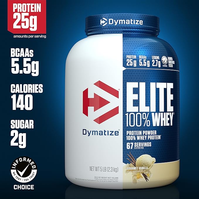 Dymatize Elite 100% Whey Protein Powder, 25g Protein, 5.5g BCAAs & 2.7g L-Leucine, Quick Absorbing & Fast Digesting for Optimal Muscle Recovery, Gourmet Vanilla, 5 Pound, 67 Servings