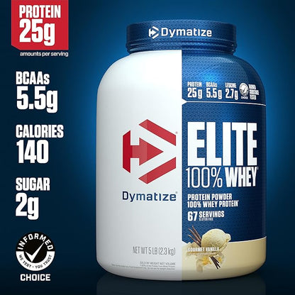 Dymatize Elite 100% Whey Protein Powder, 25g Protein, 5.5g BCAAs & 2.7g L-Leucine, Quick Absorbing & Fast Digesting for Optimal Muscle Recovery, Gourmet Vanilla, 5 Pound, 67 Servings