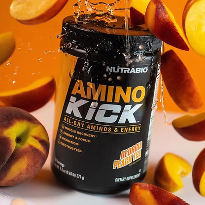 NutraBio Amino Kick - Amino Acid Energy Formula - BCAA's, Electrolytes for Hydration, Natural Caffeine- 30 Servings (Georgia Peach Tea)