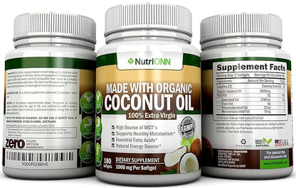 ORGANIC COCONUT OIL Capsules - 180 Softgels - 4000 MG Daily - Cold-Pressed Extra Virgin Coconut Oil - Certified USDA Organic - Great For Hair, Skin And Acne