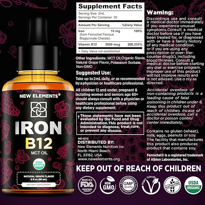 Liquid Iron Supplement for Women & Men with Vitamin B12 5000mcg - Free Blood Builder for Anemia - Liquid Vitamin B12 Drops for Adults with MCT Oil, Natural Grape Flavor, 2 Fl Oz