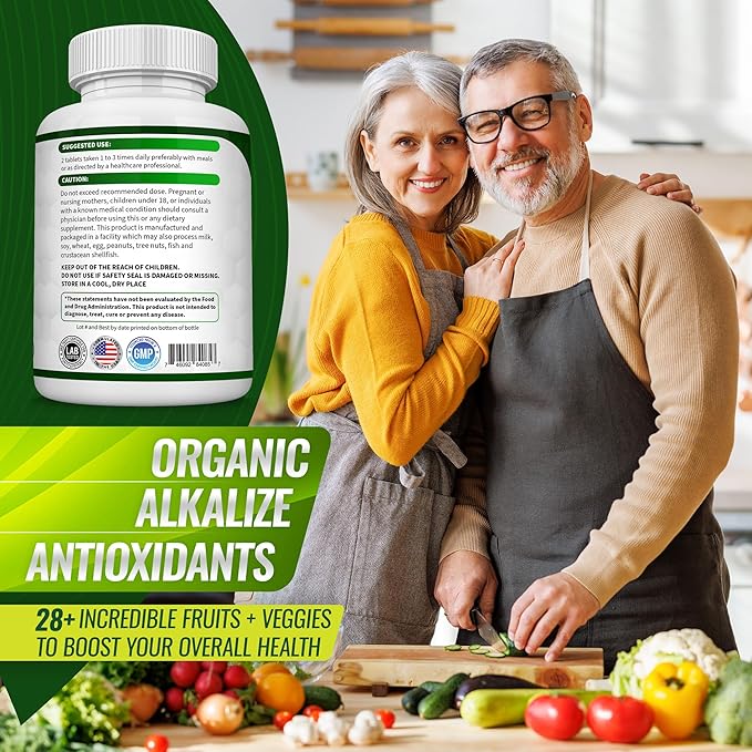 Organic Super Greens Capsules Superfood Fruit Veggie Supplement - 28 Powerful Natural Ingredients with Alfalfa, Beet Root, Tart Cherry & Ginger for Immune & Energy Support, for Men Women, 60 Tablets