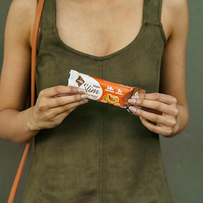 NuGo Slim Dark Chocolate Crunchy Peanut Butter, 17g Vegan Protein, 3g Sugar, 7g Fiber, 180 Calories, Low Net Carbs, Gluten Free, 12 Count