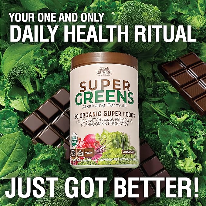 COUNTRY FARMS Super Greens Chocolate Flavor, 50 Organic Super Foods, USDA Organic Drink Mix, Fruits, Vegetables, Super Greens, Mushrooms & Probiotics, Supports Energy, 40 Servings, 10.6 Oz, 2 Pack