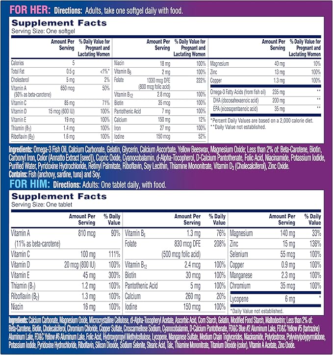 One A Day Men's & Women's Pre-Pregnancy Multivitamin Softgel including Vitamins A, Vitamin C, Vitamin D, B6, B12, Folic Acid & more, 30+30 Count, Supplement for Before, During, and Postnatal