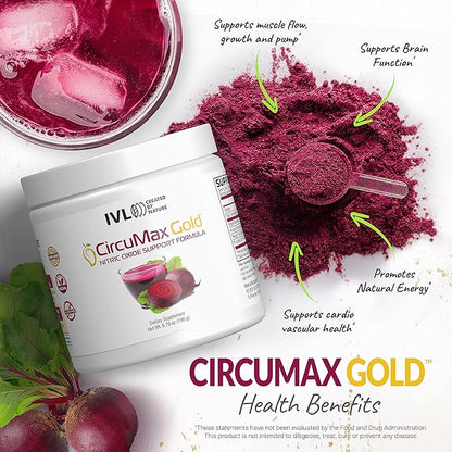 IVL - CircuMax Gold - Nitric Oxide Supplement Powder Boost - Organic Beets - Beetroot Powder Supplement - Careflow Mango Powder and Nitro Rocket - Workout Energy Level (6.70 oz - 30 Servings)