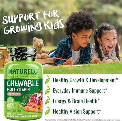NATURELO Chewable Vitamin for Kids – Multivitamin with Whole Food Organic Fruit Blend - 60 Tablets for Children