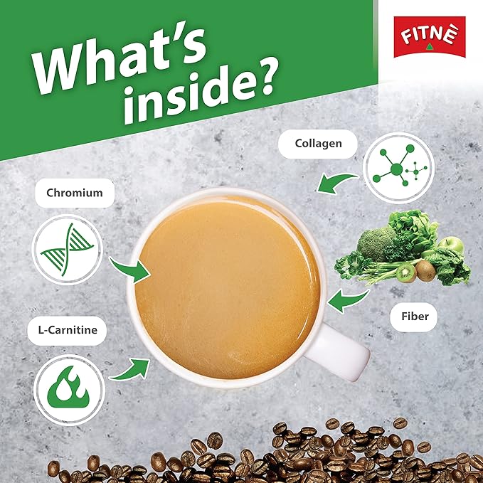 FITNE Premium Instant Coffee Packets Mix With Fiber 4,000 mg Collagen Cactus Extract L-Carnitine High Chromium No Sugar Sucralose Sweetener, 10 Sticks