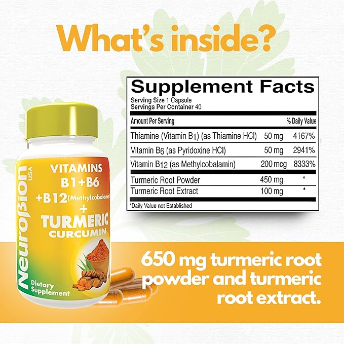 Neurobion Turmeric Curcumin 650 mg Herbal Supplement for Antioxidant Support, High Absorption Ultra Potent Turmeric Supplement Multivitamins Complex with B12, 40 Capsules