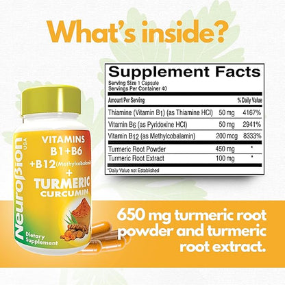 Neurobion Turmeric Curcumin 650 mg Herbal Supplement for Antioxidant Support, High Absorption Ultra Potent Turmeric Supplement Multivitamins Complex with B12, 40 Capsules